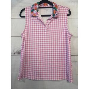 Draper‎ James For Land's End Size LG Sleeveless Polo Pink White Check Print EUC
